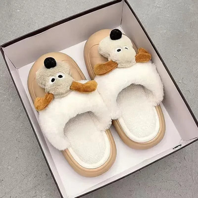 Papuci drăguț cu animale de câine din desene animate pentru femeie Kawaii papuci pufosi impermeabili, iarnă, tobogane calde din blană, femei, pantofi cu blană pentru interior, acasă