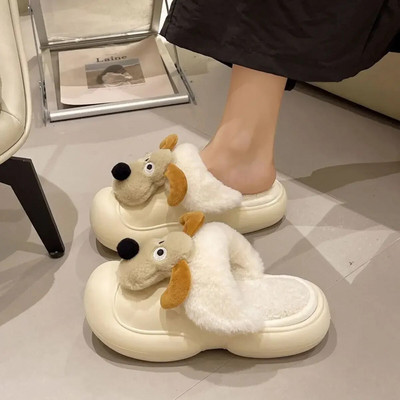 Papuci drăguț cu animale de câine din desene animate pentru femeie Kawaii papuci pufosi impermeabili, iarnă, tobogane calde din blană, femei, pantofi cu blană pentru interior, acasă