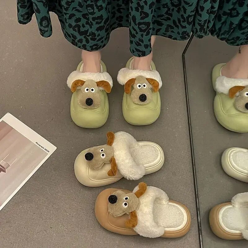 Papuci drăguț cu animale de câine din desene animate pentru femeie Kawaii papuci pufosi impermeabili, iarnă, tobogane calde din blană, femei, pantofi cu blană pentru interior, acasă