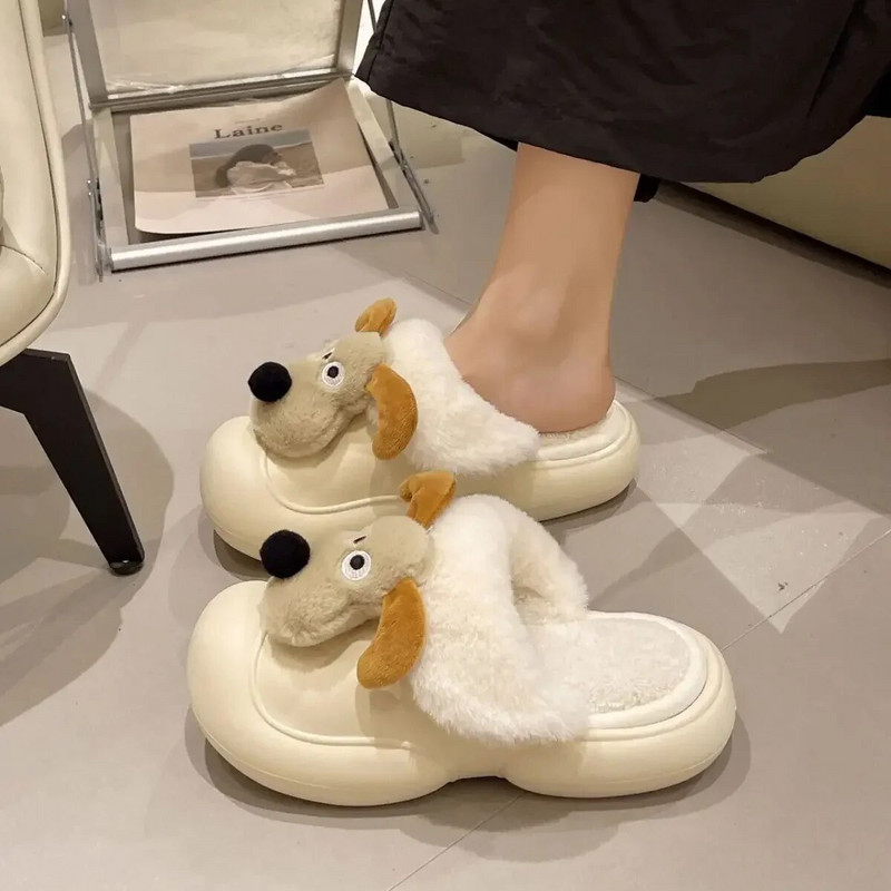 Papuci drăguț cu animale de câine din desene animate pentru femeie Kawaii papuci pufosi impermeabili, iarnă, tobogane calde din blană, femei, pantofi cu blană pentru interior, acasă