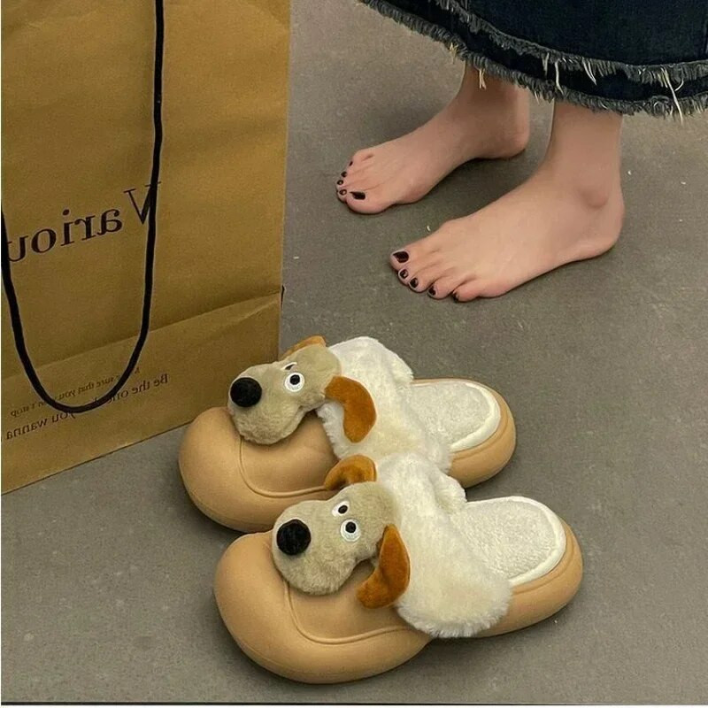 Papuci drăguț cu animale de câine din desene animate pentru femeie Kawaii papuci pufosi impermeabili, iarnă, tobogane calde din blană, femei, pantofi cu blană pentru interior, acasă