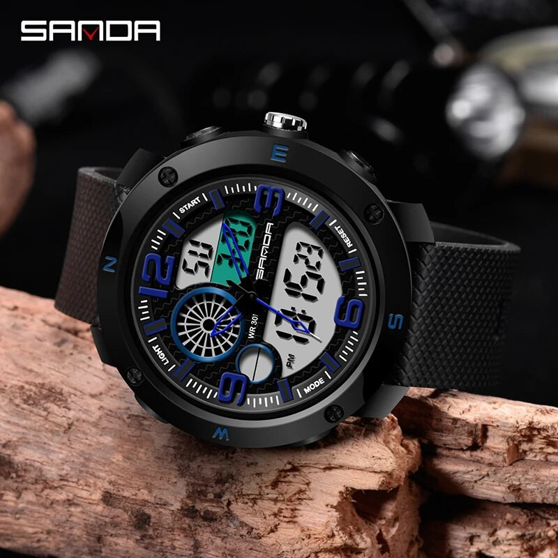 SANDA NAUJAS Sportiniai vyriški laikrodžiai Neperšlampami madingi elektroniniai sportiniai smūgiams atsparūs vyriški dviejų ekranų skaitmeniniai kariniai kvarciniai laikrodžiai