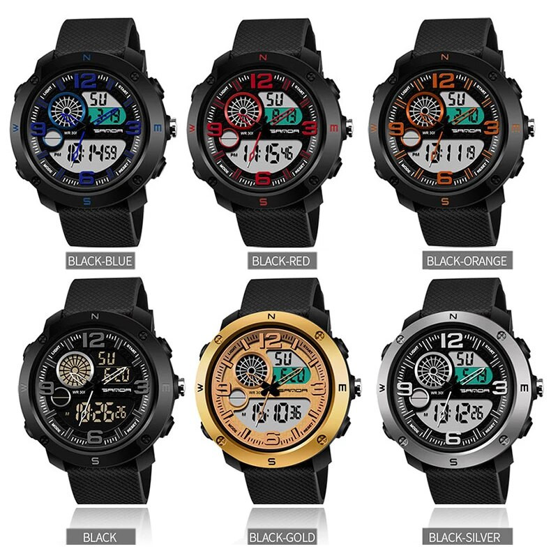 SANDA NAUJAS Sportiniai vyriški laikrodžiai Neperšlampami madingi elektroniniai sportiniai smūgiams atsparūs vyriški dviejų ekranų skaitmeniniai kariniai kvarciniai laikrodžiai
