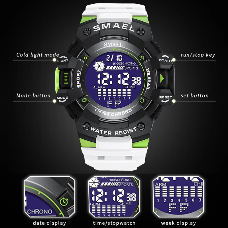 SMAEL prekės ženklo vyriškas sportinis skaitmeninis laikrodis LED karinis vandeniui atsparus elektroninis laikrodis Vyriški rankiniai laikrodžiai madingi, silikoniniai dirželiai, vyriški laikrodžiai