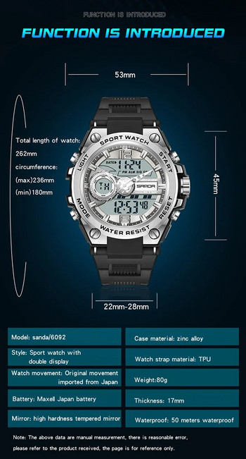 SANDA Цифров LED часовник Мъжки военен спортен кварцов ръчен часовник Топ марка луксозен хронометър Водоустойчив мъжки електронен часовник 6092