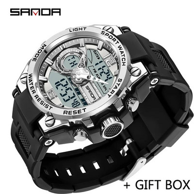 SANDA Ceas digital cu LED Ceas de mână sport militar cu quartz Ceas de mână de lux Cronometru de lux Resistent la apă Ceas electronic pentru bărbați 6092