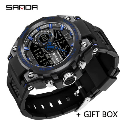 SANDA Ceas digital cu LED Ceas de mână sport militar cu quartz Ceas de mână de lux Cronometru de lux Resistent la apă Ceas electronic pentru bărbați 6092