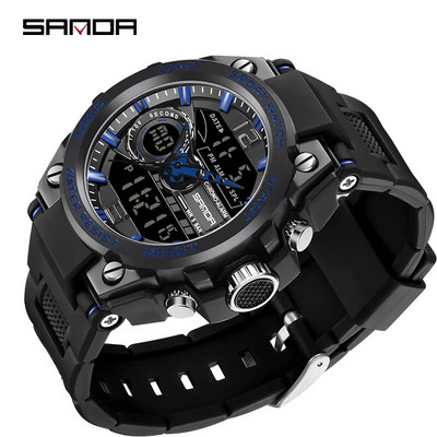 SANDA Ceas digital cu LED Ceas de mână sport militar cu quartz Ceas de mână de lux Cronometru de lux Resistent la apă Ceas electronic pentru bărbați 6092