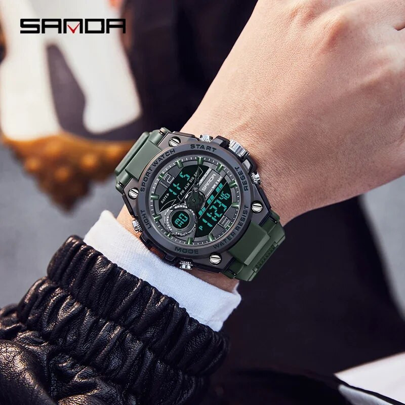 SANDA Ceas digital cu LED Ceas de mână sport militar cu quartz Ceas de mână de lux Cronometru de lux Resistent la apă Ceas electronic pentru bărbați 6092
