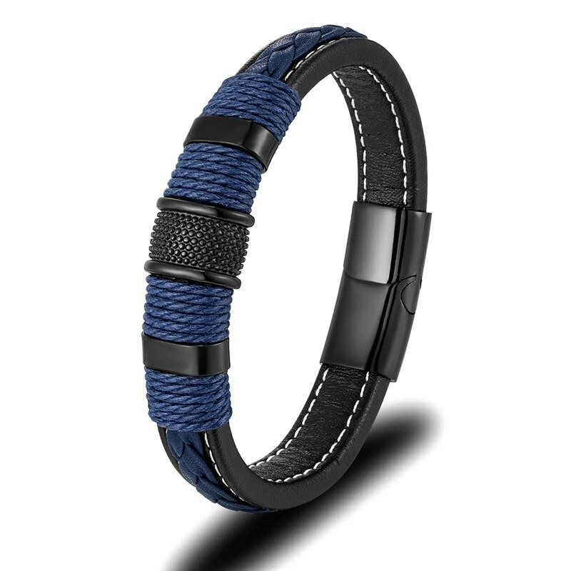 MKENDN Punk muška pletena narukvica od prave plave kože crna narukvica s magnetskom kopčom od nehrđajućeg čelika Pokloni Homme Pulseras