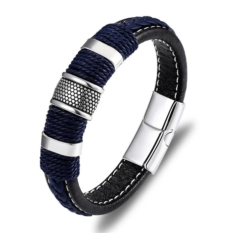 MKENDN Punk muška pletena narukvica od prave plave kože crna narukvica s magnetskom kopčom od nehrđajućeg čelika Pokloni Homme Pulseras