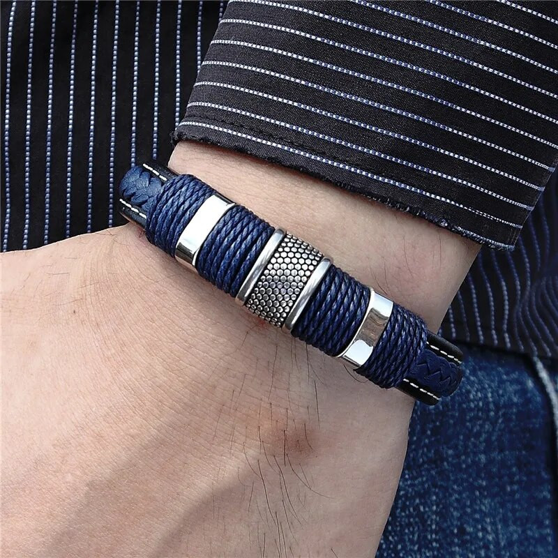 MKENDN Punk muška pletena narukvica od prave plave kože crna narukvica s magnetskom kopčom od nehrđajućeg čelika Pokloni Homme Pulseras