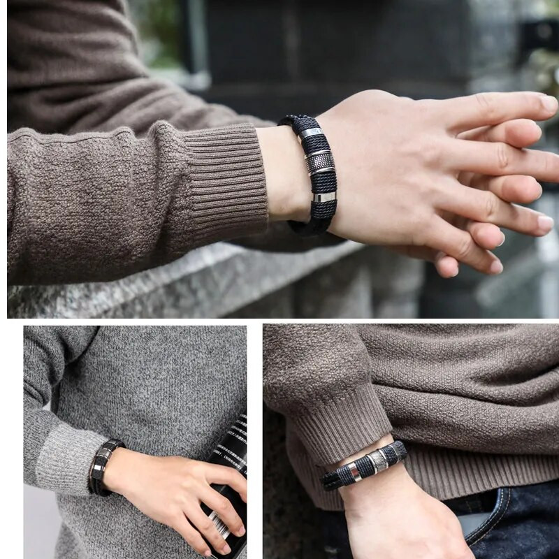 MKENDN Punk muška pletena narukvica od prave plave kože crna narukvica s magnetskom kopčom od nehrđajućeg čelika Pokloni Homme Pulseras