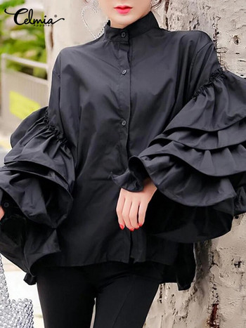 Celmia 2023 Модни дамски блузи с дълъг ръкав, ретро парти ризи с волани Ежедневни топове с дълги ръкави Копчета Елегантни блузи