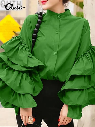 Celmia 2023 Модни дамски блузи с дълъг ръкав, ретро парти ризи с волани Ежедневни топове с дълги ръкави Копчета Елегантни блузи
