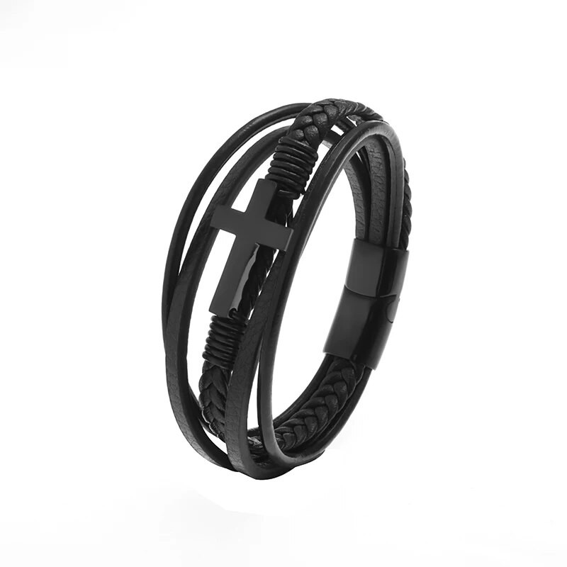 Brățară clasică din piele încrucișată pentru bărbați Bijuterii frumoase Cadou Brățară învelită cu mai multe straturi cu închidere magnetică din metal