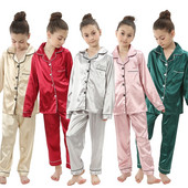 2 buc. Pijamale pentru bebeluși băieți și fetițe, pantaloni de sus din satin de mătase, cu mânecă lungă, pijamale solide cu nasturi, set din satin Cămașă de noapte Lenjerie de noapte pentru copii