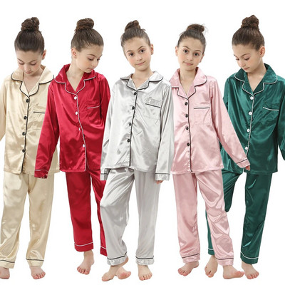 2pcs Infant Baby Boy Girl Pajamas Silk Satin Top Pant Long sleeve Solid Button-Down Pyjamas Satin Set Nightgown Child Sleepwear