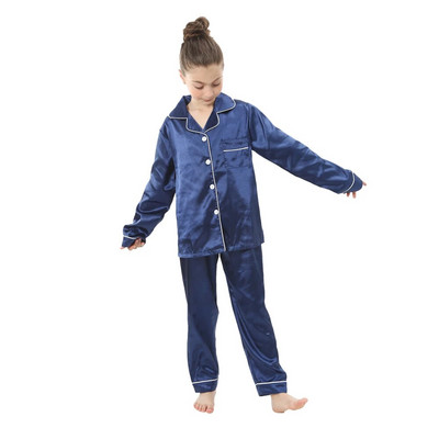 2 buc. Pijamale pentru bebeluși băieți și fetițe, pantaloni de sus din satin de mătase, cu mânecă lungă, pijamale solide cu nasturi, set din satin Cămașă de noapte Lenjerie de noapte pentru copii