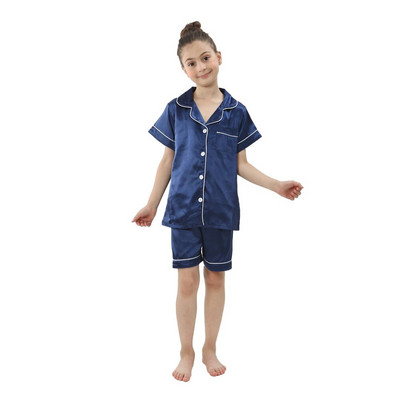 2 buc. Pijamale pentru bebeluși băieți și fetițe, pantaloni de sus din satin de mătase, cu mânecă lungă, pijamale solide cu nasturi, set din satin Cămașă de noapte Lenjerie de noapte pentru copii