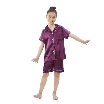 2 buc. Pijamale pentru bebeluși băieți și fetițe, pantaloni de sus din satin de mătase, cu mânecă lungă, pijamale solide cu nasturi, set din satin Cămașă de noapte Lenjerie de noapte pentru copii