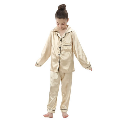 2 buc. Pijamale pentru bebeluși băieți și fetițe, pantaloni de sus din satin de mătase, cu mânecă lungă, pijamale solide cu nasturi, set din satin Cămașă de noapte Lenjerie de noapte pentru copii