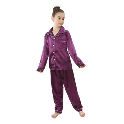 2 buc. Pijamale pentru bebeluși băieți și fetițe, pantaloni de sus din satin de mătase, cu mânecă lungă, pijamale solide cu nasturi, set din satin Cămașă de noapte Lenjerie de noapte pentru copii