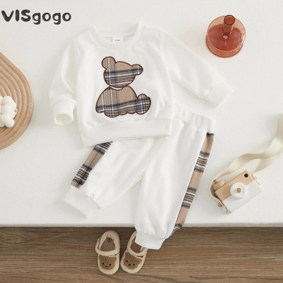 VISgogo Βρεφικά ρούχα για αγόρια Ανοιξιάτικα φθινοπωρινά ρούχα Μακρυμάνικα καρό αρκουδάκι Φούτερ και παντελόνι 2τμχ Casual αθλητικές φόρμες