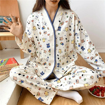 Есенен комплект пижами от 2 части Дамски тънък секси пижама Прекрасен домашен костюм 2023 г. Пижама за момичета с V-образно деколте Пижама с дълъг ръкав