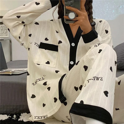 Set de pijamale de toamnă, 2 piese, pentru femei, subțiri, sexy, costum de acasă minunat, 2023, cu decolteu în V, pentru fete, pijamale cu mânecă lungă