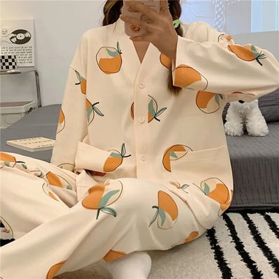 Set de pijamale de toamnă, 2 piese, pentru femei, subțiri, sexy, costum de acasă minunat, 2023, cu decolteu în V, pentru fete, pijamale cu mânecă lungă