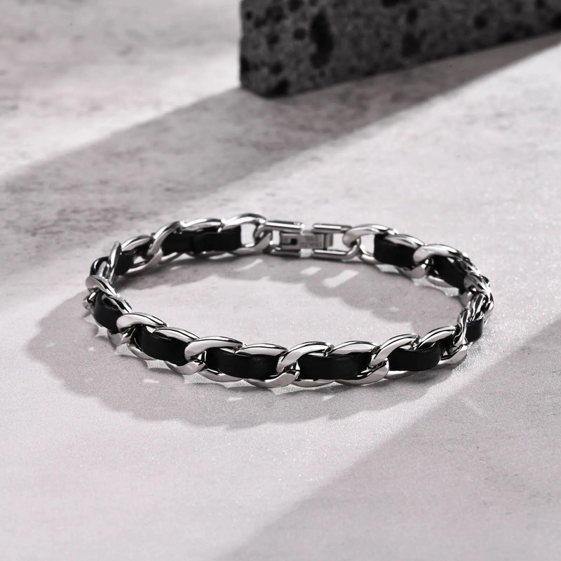 Brățări cu lanț din piele neagră pentru bărbați, bijuterii cadou pentru brățară cu lanț cu legături cubaneze din oțel inoxidabil, rezistent la apă, pulseira masculina
