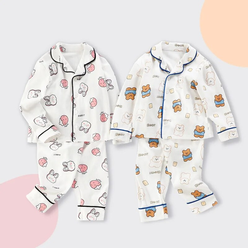 Pavasario rudens vaikiški pižamos berniukai mergaičių ilgomis rankovėmis dviejų dalių medvilniniai miegui skirti vaikiški drabužiai, naktiniai kostiumai