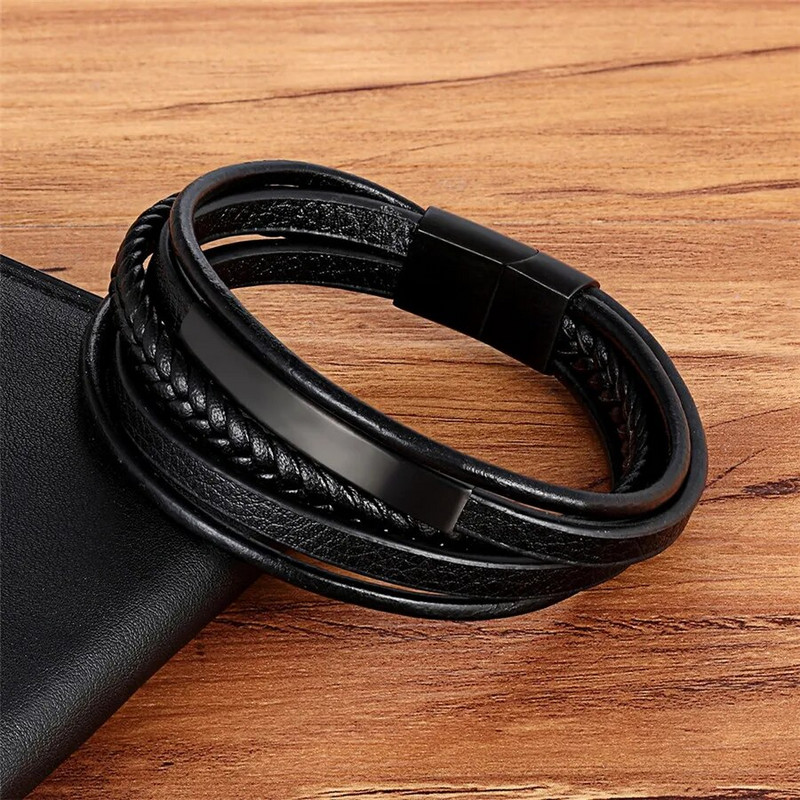 XQNI többrétegű, kézzel szőtt acél fekete férfi bőr rozsdamentes acél karkötő barkács méretű faragott logó meglepetés születésnapi ajándéknak