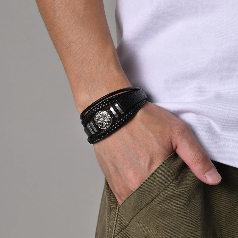 Vnox Norse Viking Brățări pentru bărbați, băieți, brățară neagră din piele pentru bărbați, brățară, ziua de naștere, cadouri de Crăciun pentru tată, tată, soț, prieten bun