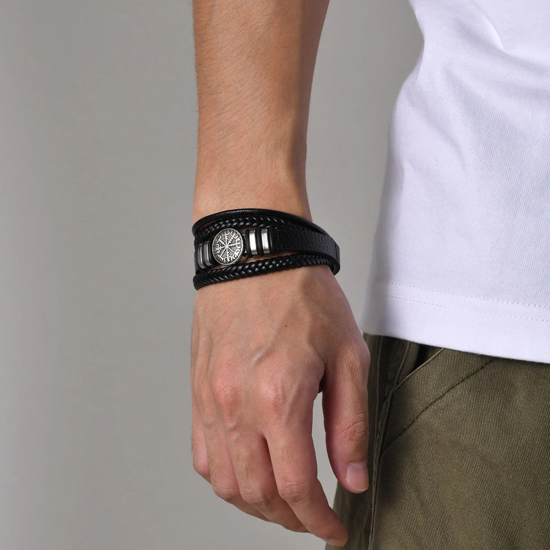 Vnox Norse Viking Brățări pentru bărbați, băieți, brățară neagră din piele pentru bărbați, brățară, ziua de naștere, cadouri de Crăciun pentru tată, tată, soț, prieten bun