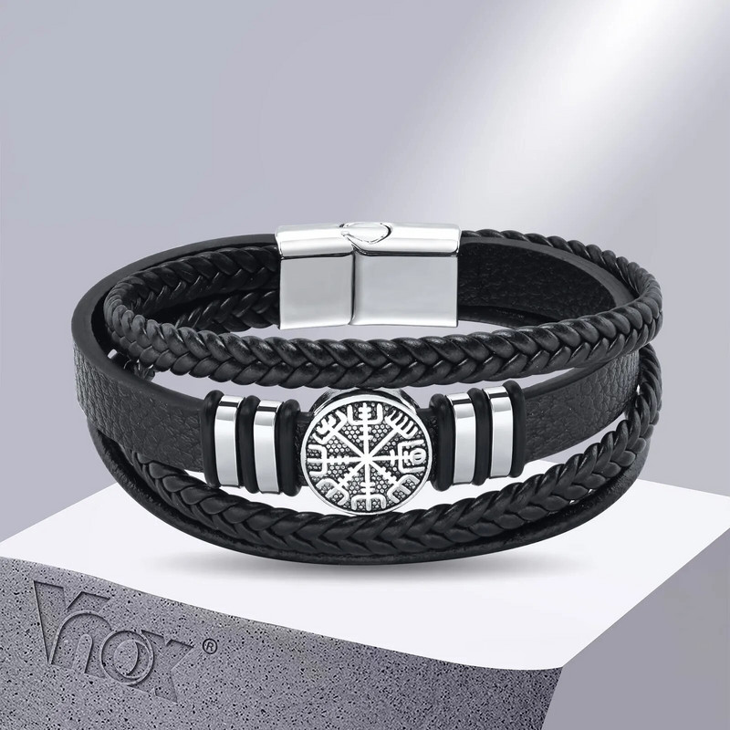 Vnox Norse Viking Brățări pentru bărbați, băieți, brățară neagră din piele pentru bărbați, brățară, ziua de naștere, cadouri de Crăciun pentru tată, tată, soț, prieten bun