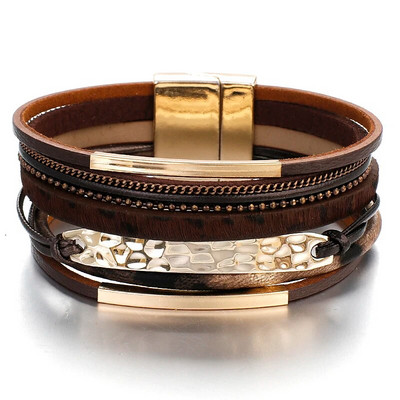 Brățară din piele multistrat ALLYES pentru bărbați Charm cu bară din metal, împletită neagră Brățări și brățări pentru bărbați, bijuterii punk boho