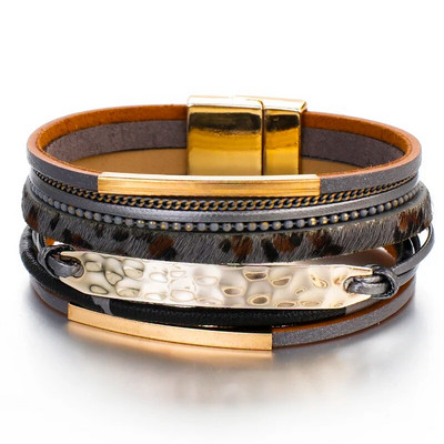 Brățară din piele multistrat ALLYES pentru bărbați Charm cu bară din metal, împletită neagră Brățări și brățări pentru bărbați, bijuterii punk boho