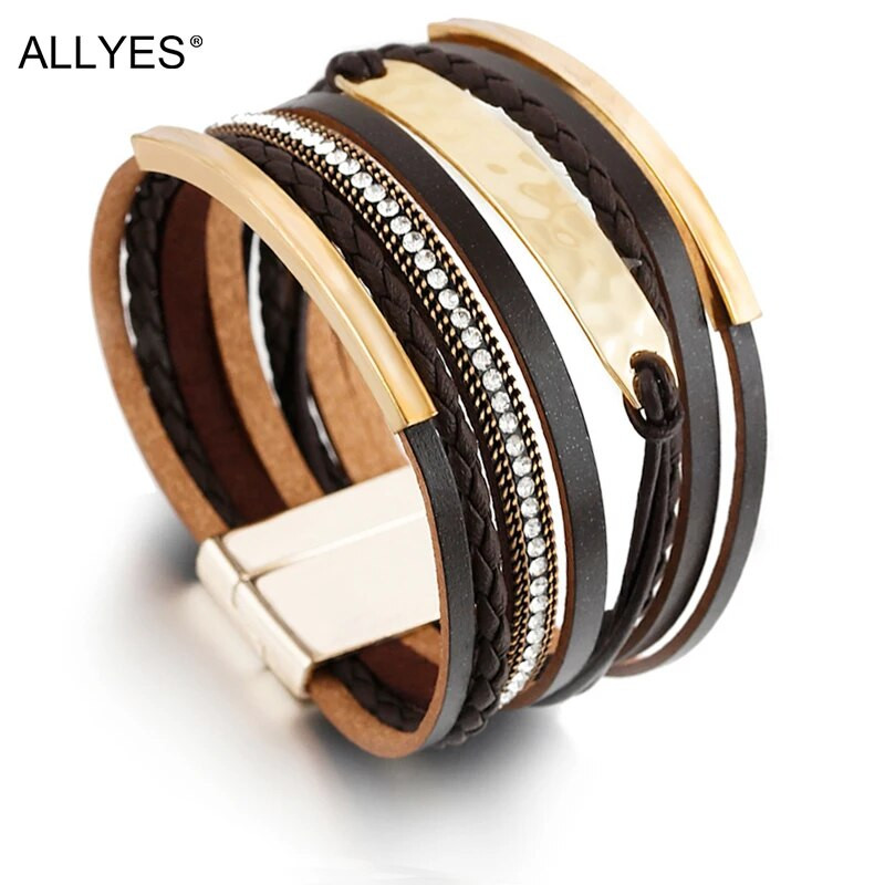 Brățară din piele multistrat ALLYES pentru bărbați Charm cu bară din metal, împletită neagră Brățări și brățări pentru bărbați, bijuterii punk boho