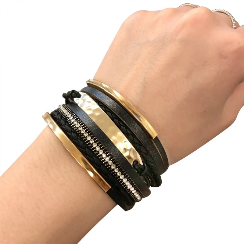 Brățară din piele multistrat ALLYES pentru bărbați Charm cu bară din metal, împletită neagră Brățări și brățări pentru bărbați, bijuterii punk boho