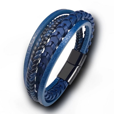 Funie împletită împletită 4 straturi Brățări pentru bărbați din piele albastră Stil punk Brățară din oțel inoxidabil pentru prieteni farmec Bijuterii de modă Cadouri