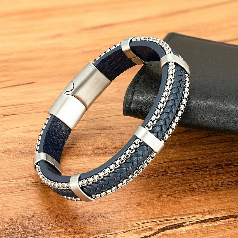 TYO New Arrivel Punk Design Lanț din oțel inoxidabil împletitură din piele Brățară pentru bărbați Cataramă magnetică Charm Bijuterii Cadouri personalizate