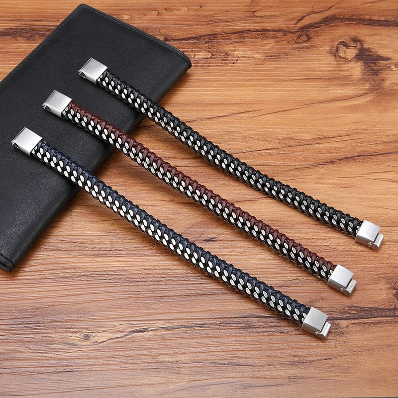 TYO New Fashion Brățară pentru bărbați din piele din oțel inoxidabil cu lanț dublu împletit cu cataramă magnetică Cele mai bune cadouri Dropshipping cu ridicata