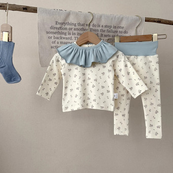 Комплект дрехи за бебе, момиче, момче, горнище с щампа на цветя + панталон + лигавник 3 бр. Пижами за бебета и малки деца, Детско спално облекло, Детско боди 6M-5Y