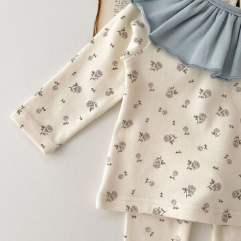 Комплект дрехи за бебе, момиче, момче, горнище с щампа на цветя + панталон + лигавник 3 бр. Пижами за бебета и малки деца, Детско спално облекло, Детско боди 6M-5Y