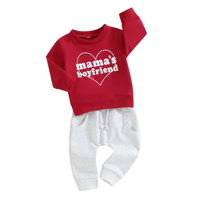 2023-10-30 Lioraitiin 0-3Y Odjevni set za malu djecu, dječake, majice dugih rukava s printom slova i crvene hlače Odjevne kombinacije za Valentinovo