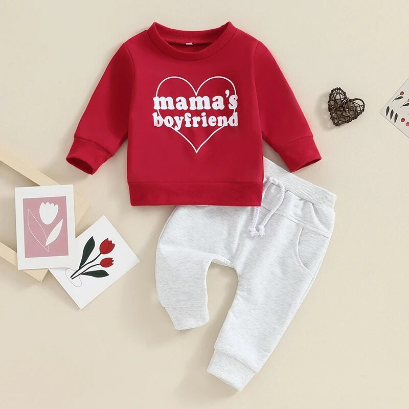 2023-10-30 Lioraitiin 0-3Y Odjevni set za malu djecu, dječake, majice dugih rukava s printom slova i crvene hlače Odjevne kombinacije za Valentinovo