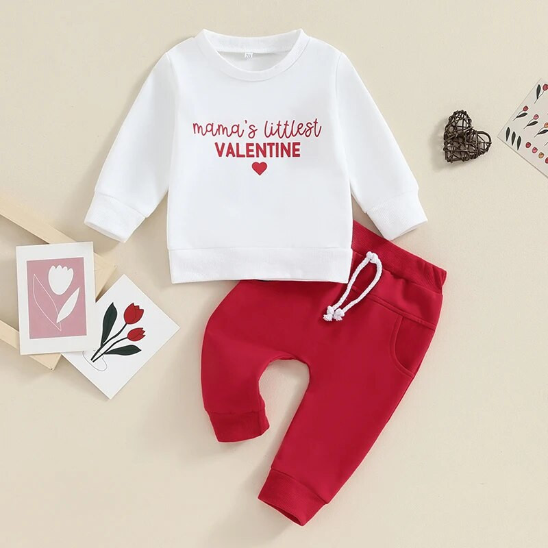 2023-10-30 Lioraitiin 0-3Y Odjevni set za malu djecu, dječake, majice dugih rukava s printom slova i crvene hlače Odjevne kombinacije za Valentinovo