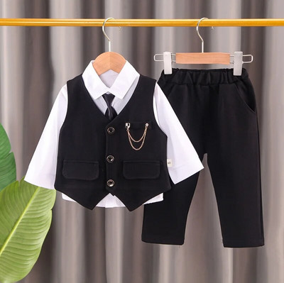 2024 νέα μόδα παιδικά ρούχα βρεφική αλυσίδα γιλέκο τζέντλεμαν κοστούμι αγόρι μονόχρωμο γιλέκο γραβάτα Πουκάμισο τριών τεμαχίων επίσημο βραδινό